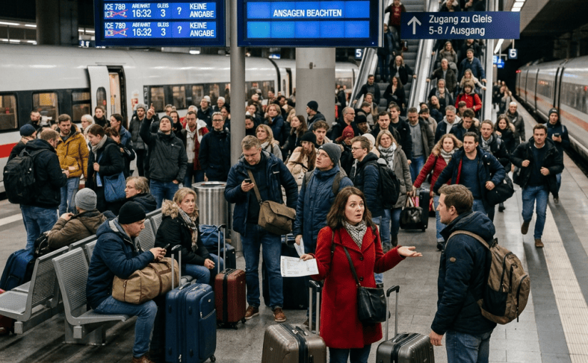 Crowded German station with trains, travelers, luggage, and signs reading Gleisänderung, Zugänderung, and Zugang zu Gleis 5–8 / Ausgang
